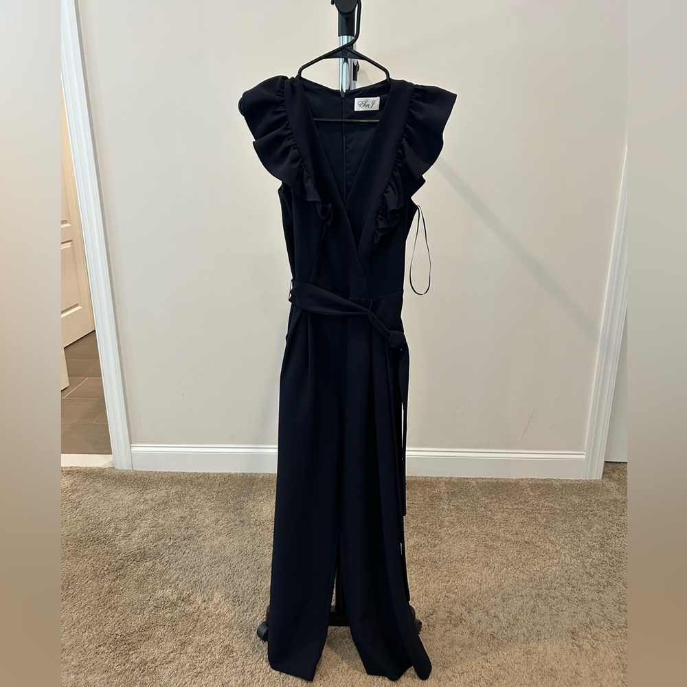 Eliza J Navy CapSleeve Jumpsuit Waist Tie Pockets